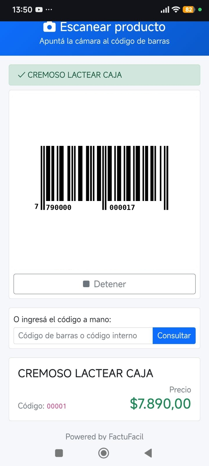 Pantalla del escáner público mostrando un código de barras detectado y el precio del producto